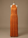 Satin A-Line Halter Maxi Formal Dresses with Fringe