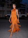Satin A-Line Halter Maxi Formal Dresses with Fringe