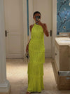 Satin A-Line Halter Maxi Formal Dresses with Fringe