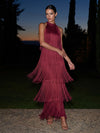 Satin A-Line Halter Maxi Formal Dresses with Fringe