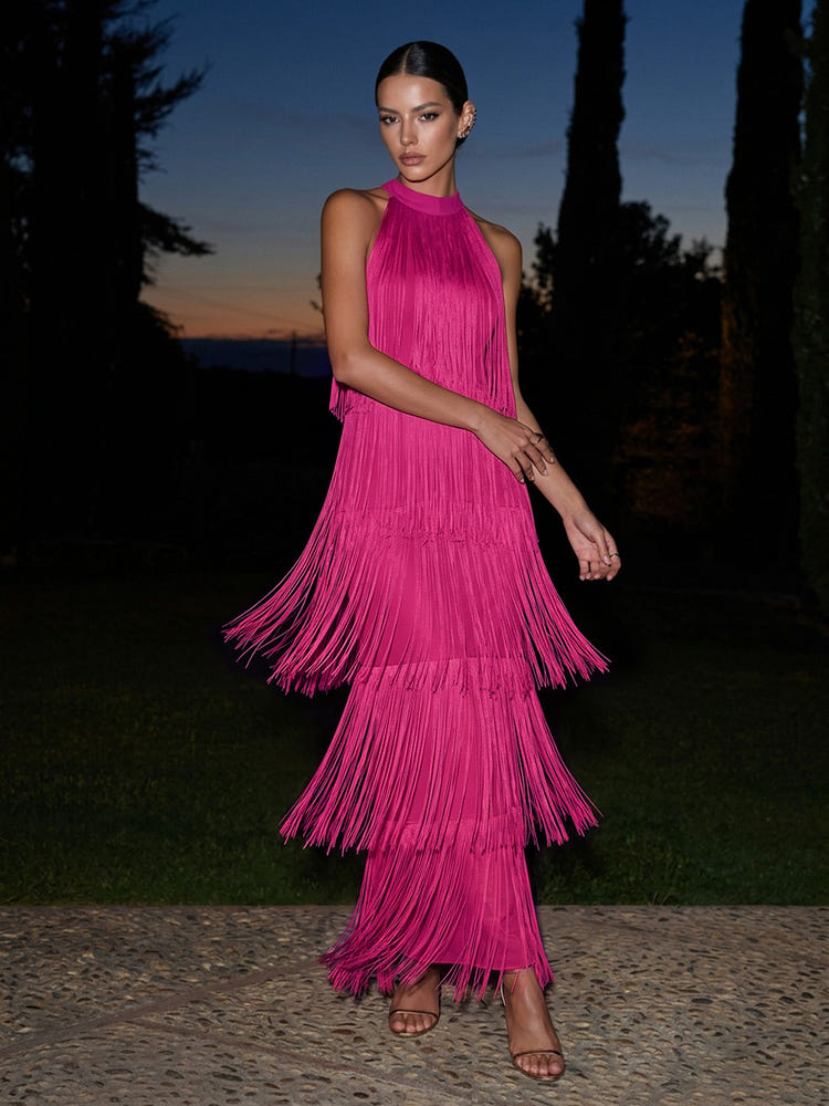 Satin A-Line Halter Maxi Formal Dresses with Fringe