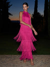 Satin A-Line Halter Maxi Formal Dresses with Fringe