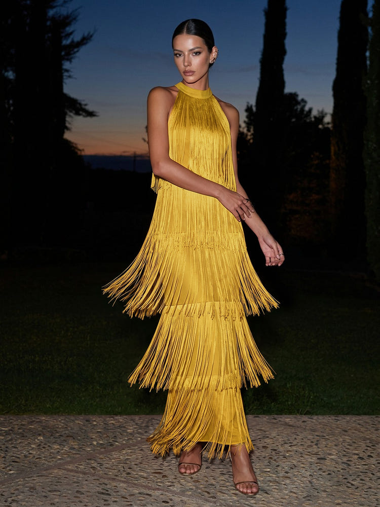 Satin A-Line Halter Maxi Formal Dresses with Fringe
