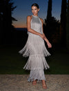 Satin A-Line Halter Maxi Formal Dresses with Fringe