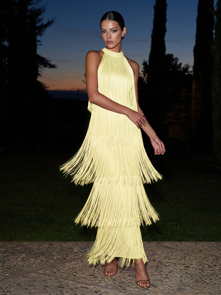 Satin A-Line Halter Maxi Formal Dresses with Fringe