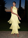 Satin A-Line Halter Maxi Formal Dresses with Fringe