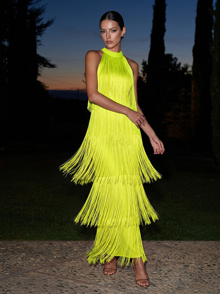 Satin A-Line Halter Maxi Formal Dresses with Fringe