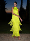Satin A-Line Halter Maxi Formal Dresses with Fringe