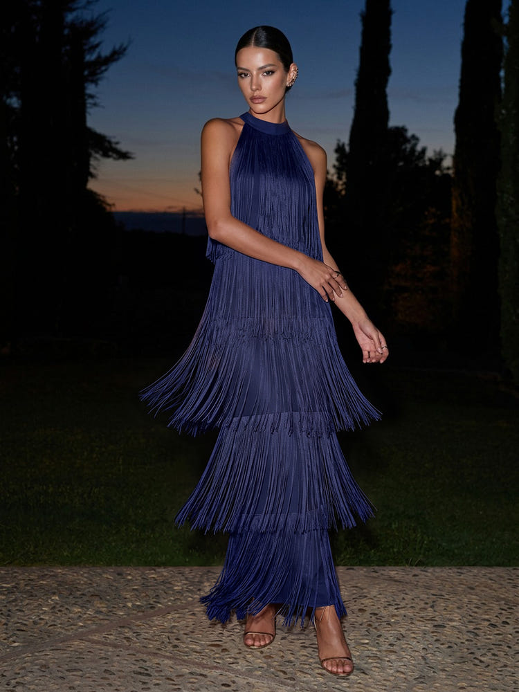 Satin A-Line Halter Maxi Formal Dresses with Fringe