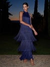 Satin A-Line Halter Maxi Formal Dresses with Fringe