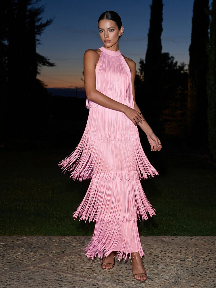 Satin A-Line Halter Maxi Formal Dresses with Fringe