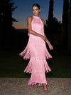 Satin A-Line Halter Maxi Formal Dresses with Fringe
