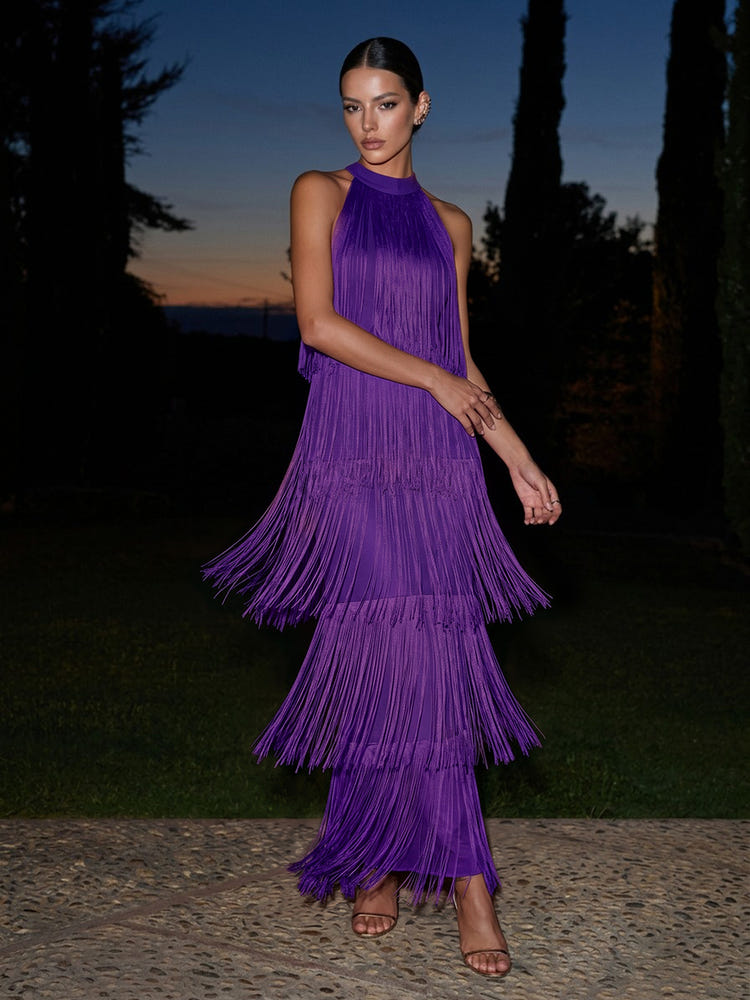 Satin A-Line Halter Maxi Formal Dresses with Fringe