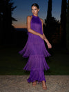 Satin A-Line Halter Maxi Formal Dresses with Fringe