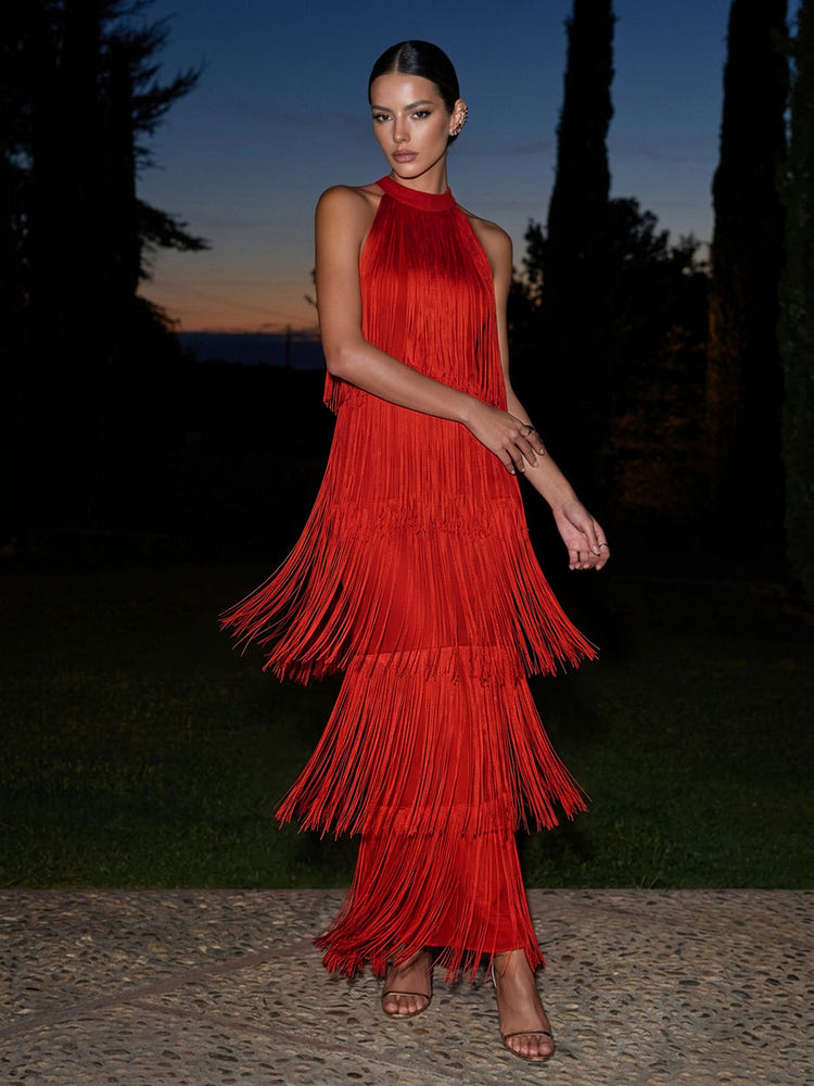 Satin A-Line Halter Maxi Formal Dresses with Fringe