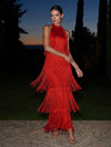 Satin A-Line Halter Maxi Formal Dresses with Fringe