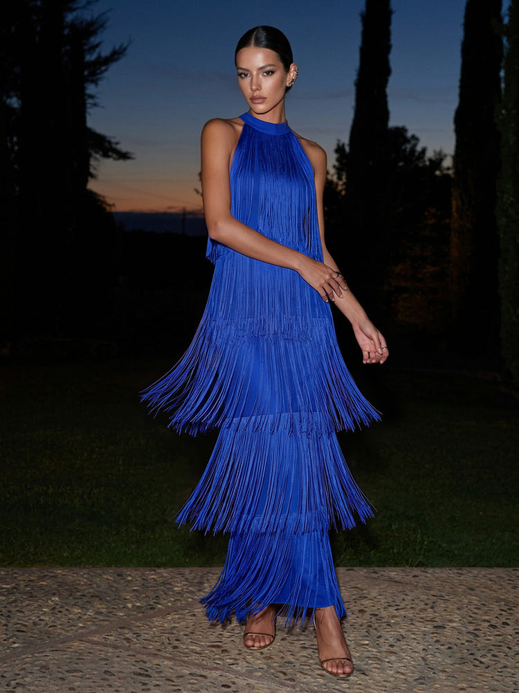 Satin A-Line Halter Maxi Formal Dresses with Fringe