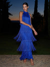 Satin A-Line Halter Maxi Formal Dresses with Fringe