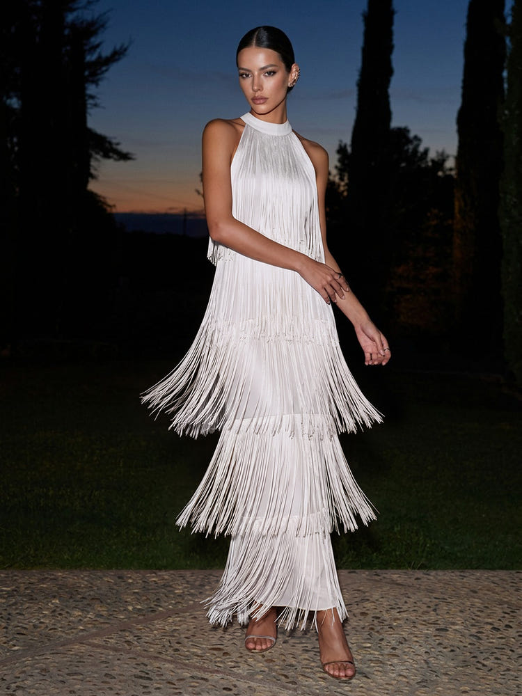 Satin A-Line Halter Maxi Formal Dresses with Fringe
