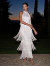 Satin A-Line Halter Maxi Formal Dresses with Fringe