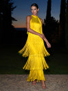 Satin A-Line Halter Maxi Formal Dresses with Fringe