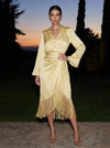 Satin A-Line Stand Collar Midi Formal Dresses with Fringe