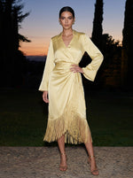 Satin A-Line Stand Collar Midi Formal Dresses with Fringe