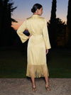 Satin A-Line Stand Collar Midi Formal Dresses with Fringe