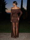 Satin Sheath Off Shoulder Maxi Formal Dresses with Fringe