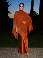 Satin Sheath High Neck Maxi Formal Dresses with Fringe