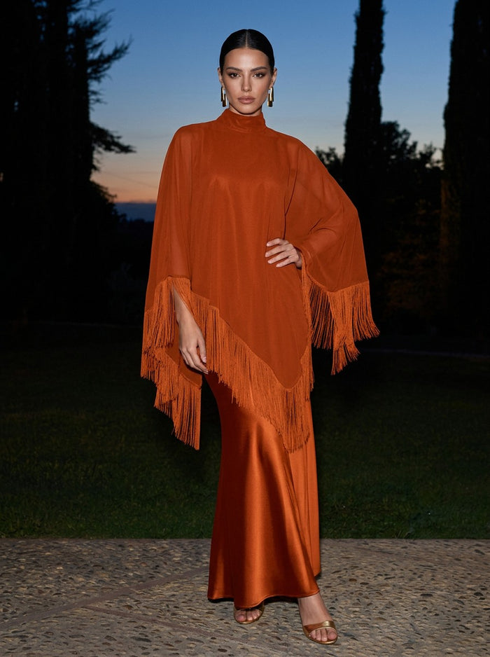 Satin Sheath High Neck Maxi Formal Dresses with Fringe