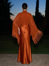 Satin Sheath High Neck Maxi Formal Dresses with Fringe
