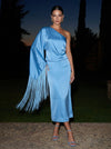 Satin Sheath One Shoulder Midi Formal Dresses with Fringe