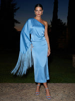 Satin Sheath One Shoulder Midi Formal Dresses with Fringe