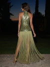 Sequin Sheath Halter Maxi Formal Dresses with Fringe