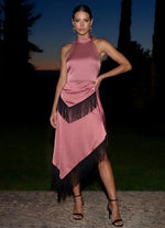 Satin A-Line Halter Midi Formal Dresses with Fringe