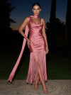 Satin Sheath Cowl Neck Midi Formal Dresses with Fringe