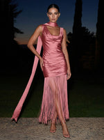 Satin Sheath Cowl Neck Midi Formal Dresses with Fringe