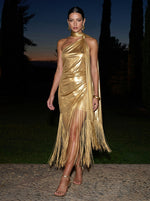 Metallic Satin Sheath Halter One‑Shoulder Knotted Neck Midi Formal Dresses with Fringe