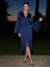 Satin Sheath V Neck Midi Formal Dresses with Fringe