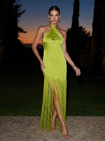 Satin Sheath Halter Maxi Formal Dresses with Fringe