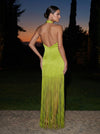 Satin Sheath Halter Maxi Formal Dresses with Fringe