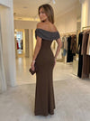 Jersey Mermaid Off Shoulder Maxi Formal Dresses with Fitted Bodycon Bodice