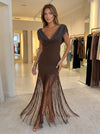Jersey Mermaid Cowl Neck Maxi Formal Dresses with Fringe