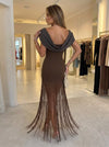 Jersey Mermaid Cowl Neck Maxi Formal Dresses with Fringe