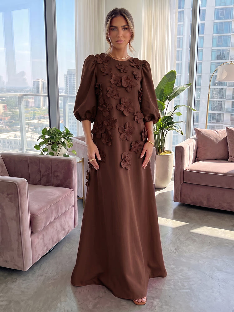 Jersey A-Line Crew Neck 3D Flowers Formal Tent/ Trapeze Dresses with Three Quarters Sleeves