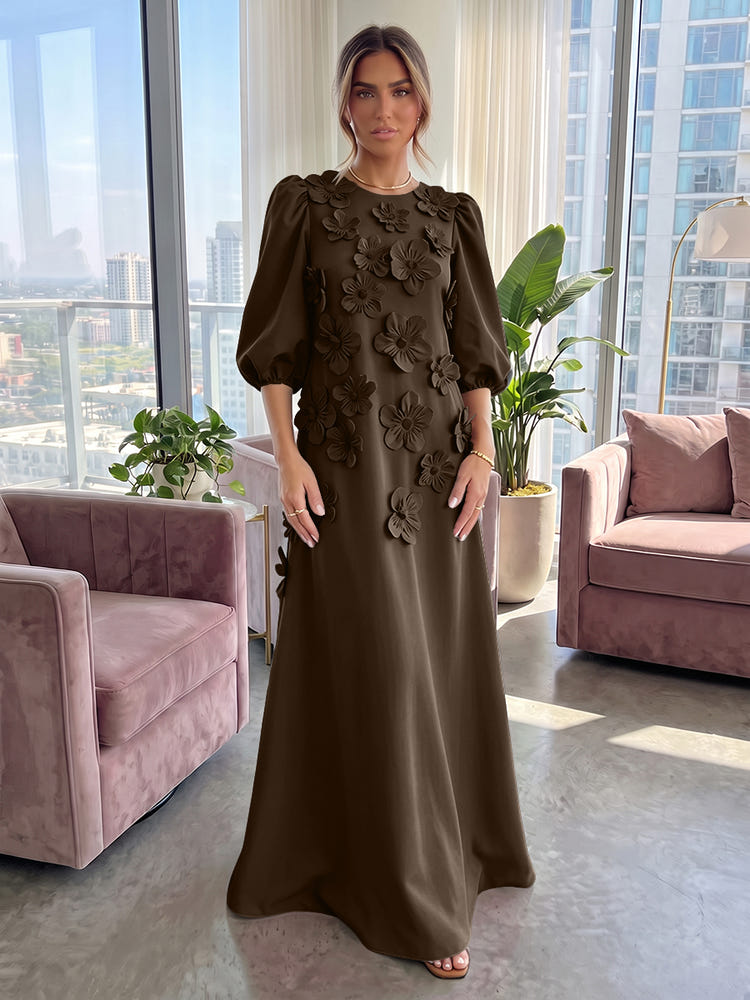Jersey A-Line Crew Neck 3D Flowers Formal Tent/ Trapeze Dresses with Three Quarters Sleeves