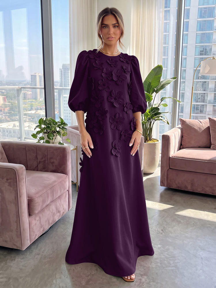 Jersey A-Line Crew Neck 3D Flowers Formal Tent/ Trapeze Dresses with Three Quarters Sleeves