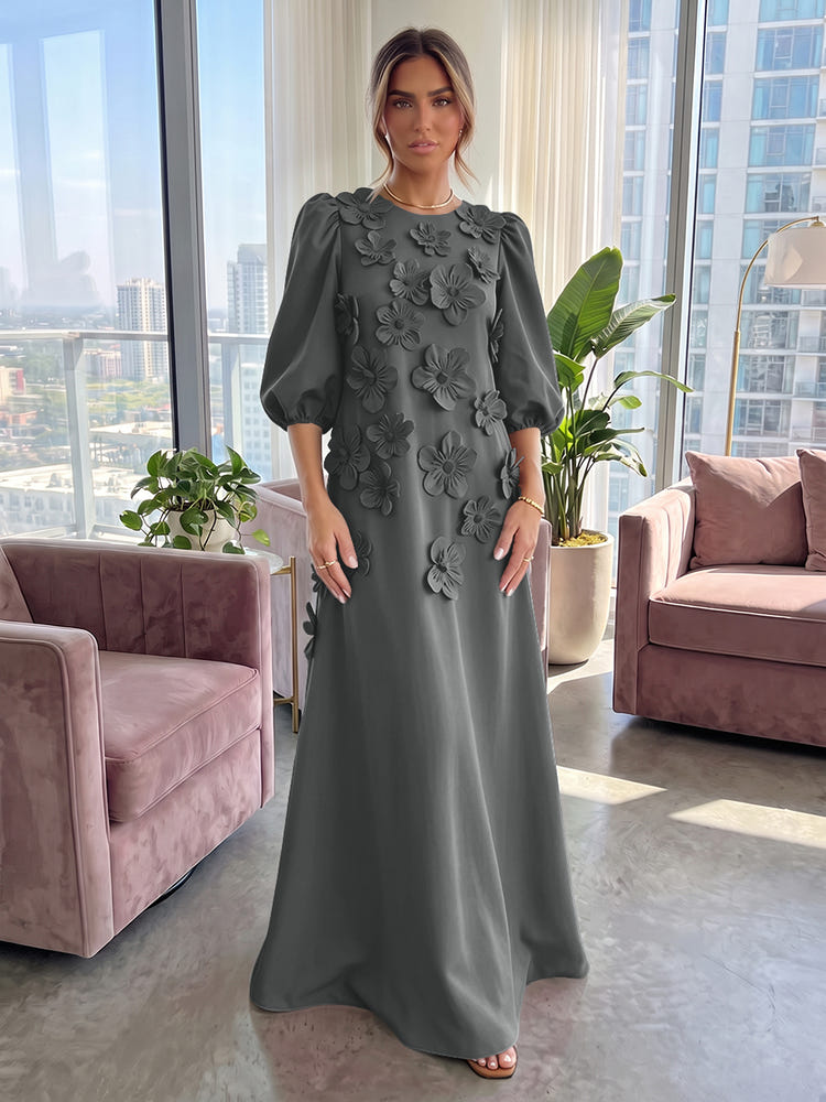 Jersey A-Line Crew Neck 3D Flowers Formal Tent/ Trapeze Dresses with Three Quarters Sleeves