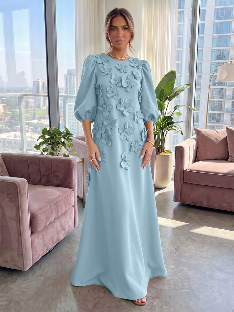 Jersey A-Line Crew Neck 3D Flowers Formal Tent/ Trapeze Dresses with Three Quarters Sleeves